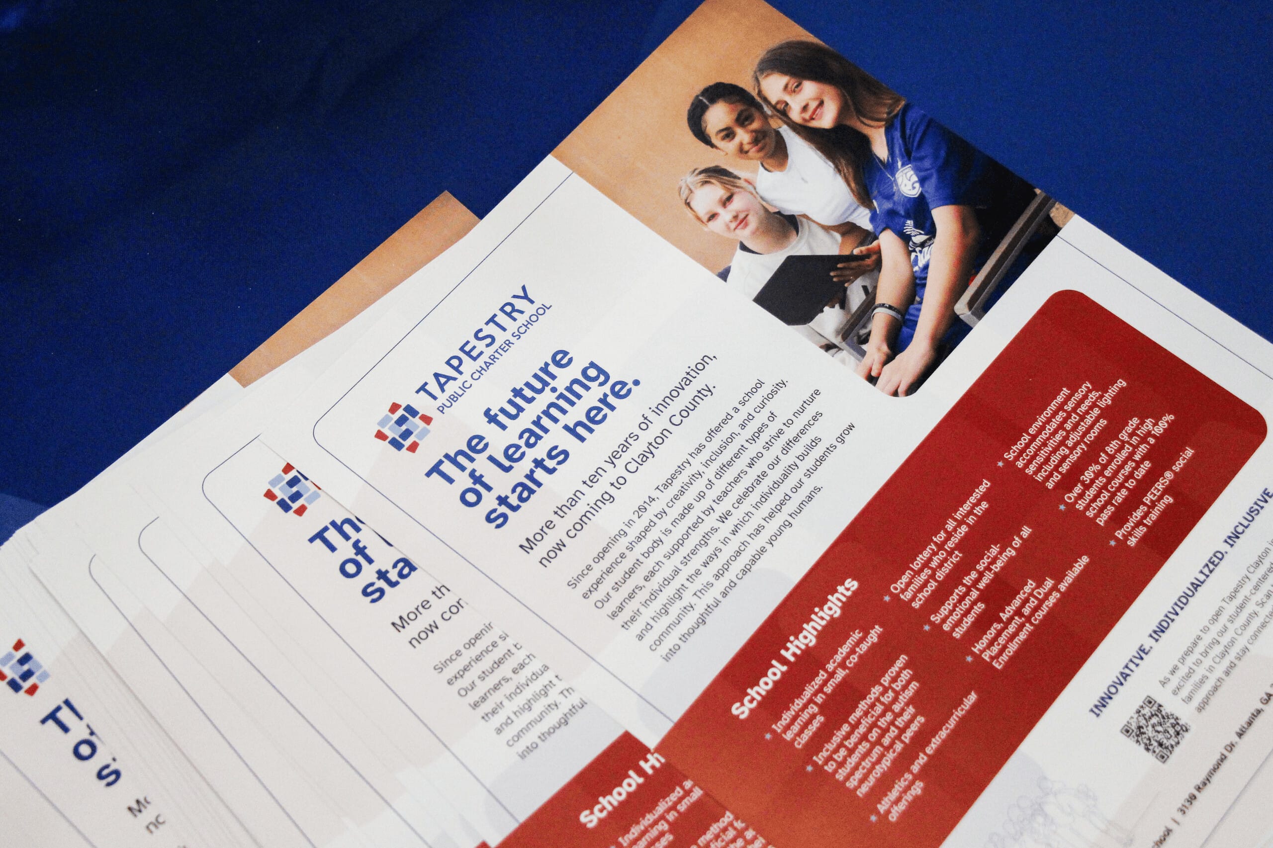 Tapestry Public Charter School promotional brochure on blue background