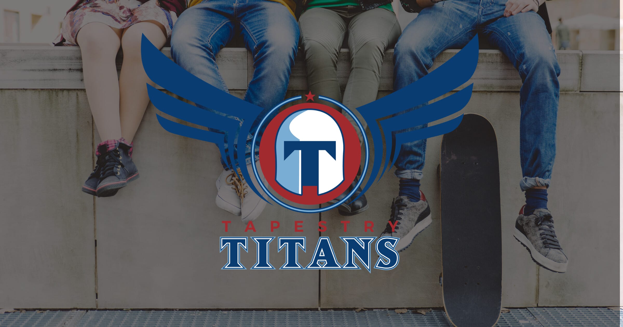 Tapestry Titans logo with teens sitting in background
