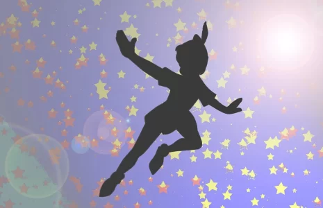 Illustration of Peter Pan with purple background with stars. 