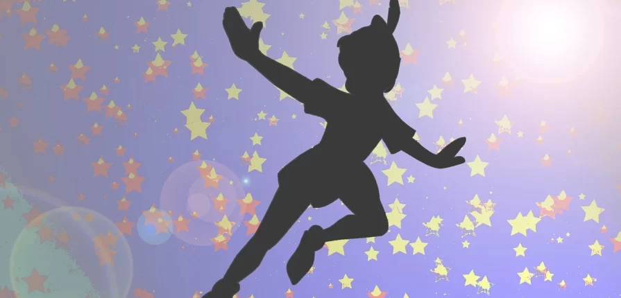 Illustration of Peter Pan with purple background with stars.