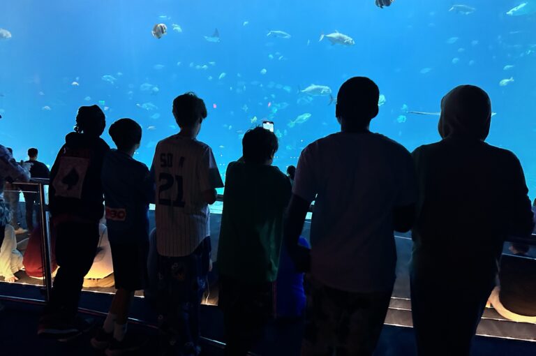 Kids standing in front of huge tank and we can see the outline of them.