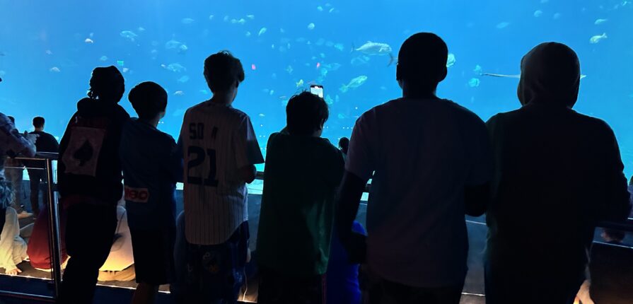 Kids standing in front of huge tank and we can see the outline of them.