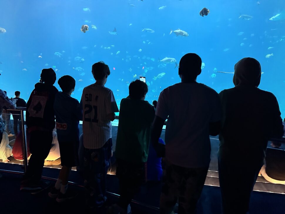 Kids standing in front of huge tank and we can see the outline of them.