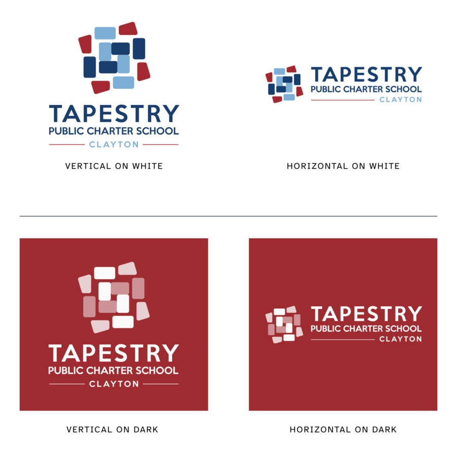 Tapestry Clayton campus logo in horizontal and vertical layouts, shown in full color on white and in white on navy.