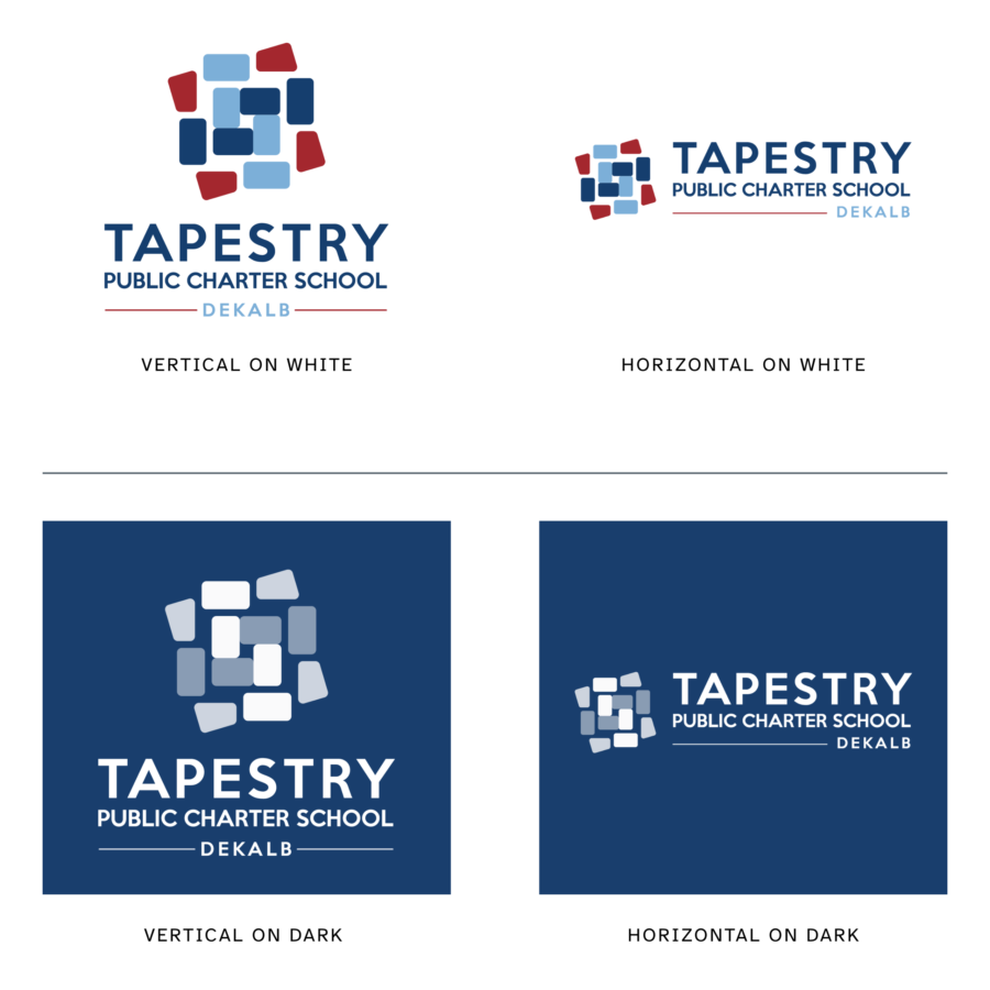 Tapestry DeKalb campus logo in horizontal and vertical layouts, shown in full color on white and in white on navy.