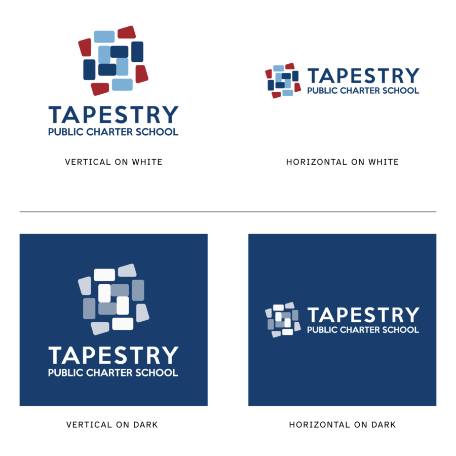Tapestry Public Charter School Main Office logo in horizontal and vertical layouts, shown in full color on white and in white on navy.